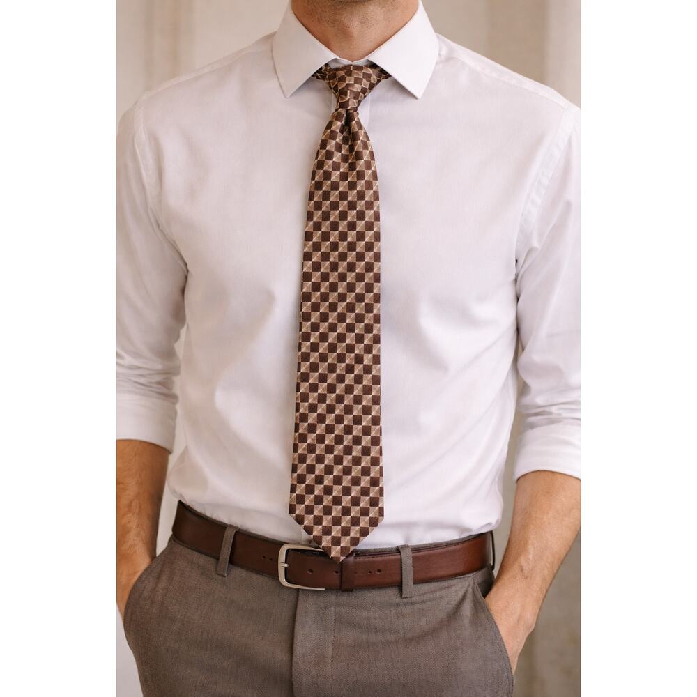 Kenneth Charles Men’s Silk Tie Brown Geometric Check Pattern Classic Necktie